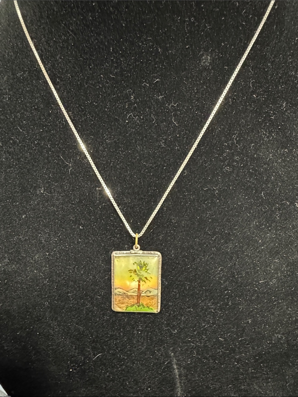 VTG Resin Palm Tree Pendant Necklace in Yellow & Green Marked 925